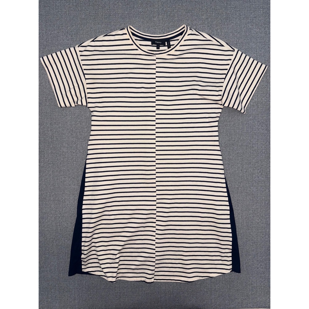 Excellent Theory Size P T-Shirt Dress Navy Ivory Striped Mixed Media Mini Pocket